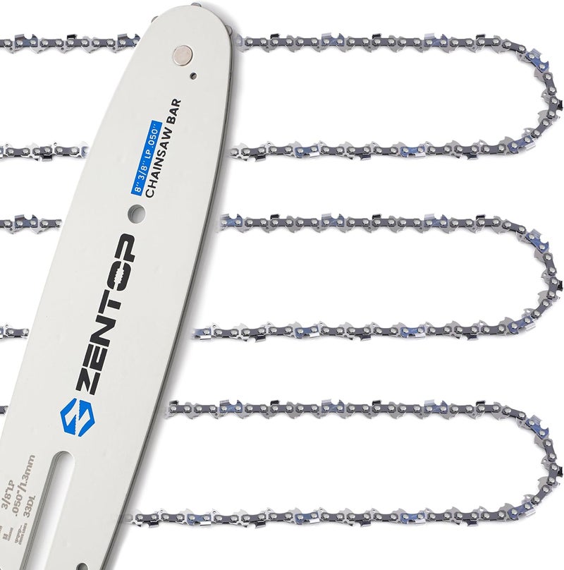 Zentop 8 Inch Chainsaw Bar and Chains, .050'' Gauge 3/8" LP Pitch 33DL Fits Greenworks, Sun Joe, Chicago, Portland, Kobalt, Earthwise and More- S33 - Image 1